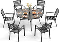 PHI VILLA 7 Pieces Outdoor Round Dining Set for 6, Wrought Iron Dining Table with Umbrella Hole & Stackable Metal Steel Chairs, Modern Dining Furniture Set for Patio, Deck, Backard, Porch