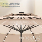 PHI VILLA 10ft Patio Umbrella with Solar Lights, Outdoor 3 Tier Vented Large Market Table Umbrella with 8 Sturdy Ribs and 1.5" Umbrellla Pole for Lawn Poolside Garden Terrace, Beige & Tan