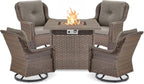Outdoor Patio Swivel Gliders with Fire Pit Table 5 Piece Set - High Back Brown Wicker Rattan Rocking Chair with Thick Cushion for Porch Apartment Deck Yard Poolside Garden - Grey