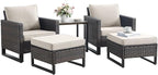 Rilyson Wicker Outdoor Patio Furniture Set - 5 Piece Patio Conversation Set with 2 Wicker Armrest Chairs,2 Rattan Ottoman and 1 Metal Side Table for Outside Porch Deck Backyard Garden(Brown/Beige)