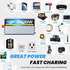12V 2500W Pure Sine Wave Inverter 12V DC to 110V/120V AC Converter with 4AC Outlets, 5V/3.4A USB, Remote Control with on-Screen Display, Off-Grid Solar Power Inverter for Truck, Home, Vehicles, RV