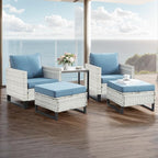 Wicker Outdoor Patio Furniture Set - 5 Piece Patio Conversation Set with 2 Wicker Armrest Chairs,2 Rattan Ottoman and 1 Metal Side Table for Outside Porch Deck Backyard Garden(Light Grey/Sky Blue)