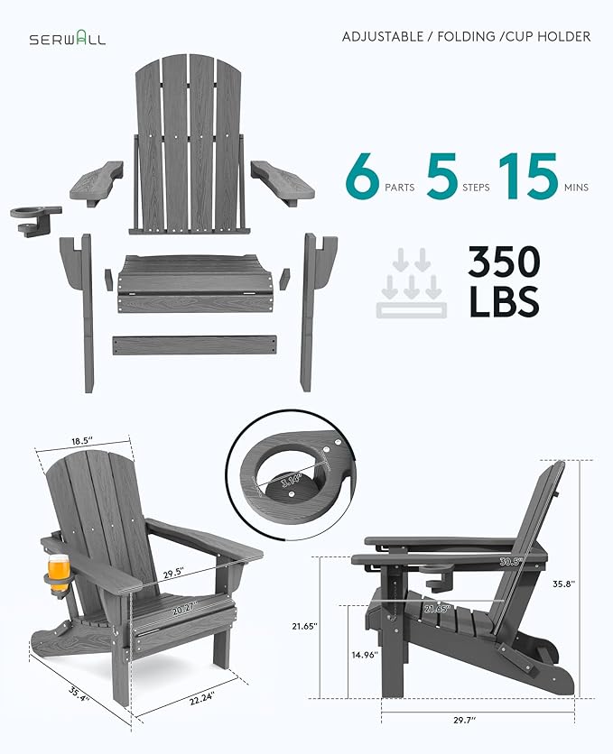 SERWALL Folding Adirondack Chair, Adirondack Outdoor Chair with Cup Holder, Adjustable Adirondack Chair with 3 Recline Positions, All Weather HDPE Outdoor Adirondack, Gray