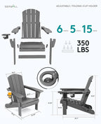 SERWALL Folding Adirondack Chair Set of 8, Adjustable Adirondack Chair with 3 Recline Positions, All Weather HDPE Outdoor Adirondack with Cup Holders, Gray