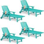 Lounge Chair Outdoor Set of 4 with Wheels, Adjustable 6-Position Chaise Lounge Outdoor, Patio Lounge Chair for Poolside Backyard, Lake Blue