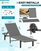 Aluminum Chaise Lounge Chair Outdoor with Wheels, Patio Lounge Chair with Adjustable 5-Position Recliner and Full Flat Tanning Chair for Patio, Beach, Pool, Grey