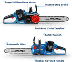 Dong Cheng Brushless Cordless Chainsaw 16 Inch, 40V Battery Chainsaw with Tool-Free Chain Tensioning, Instant-Stop Chain Brake, Includes 2 × 4.0Ah Batteries & Charger, Ideal for Tree & Wood Cutting