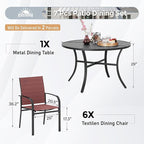 7 Piece Outdoor Dining Set for 6, 54" Round Metal Table with Umbrella Hole, 6 Red Dining Chairs, Patio Table and Chairs Set for Backyard Lawn