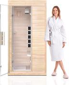 1 Person Infrared Sauna, Hemlock Wooden Indoor Far Infrared Side-Opening Sauna Room,Home Dry Sauna with 6 Infrared Heating Panels Tempered Glass Door,Bluetooth Speakers 7 Chromotherapy Lights（1350W）