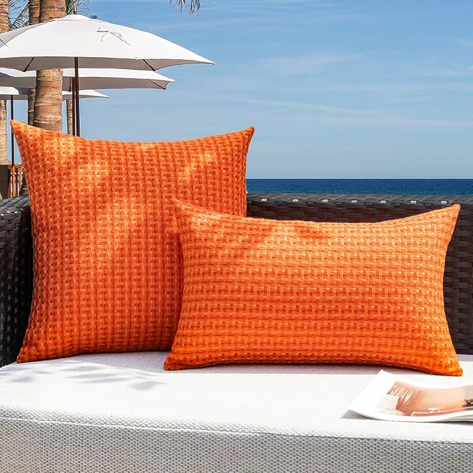 Kevin Textile Fall Outdoor Waterproof Throw Pillow Covers Pack of 2 Farmhouse Decorative Cushion Covers for Garden Patio Tent Balcony Bench Couch Sofa 22x22 Inch, Orange