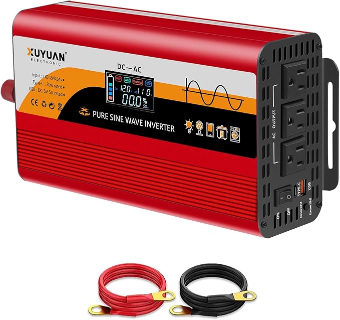 1500W Pure Sine Wave Inverter (3000W Peak), 12V/24V Auto-Detect, 50Hz/60Hz Switchable, LCD Display, Type-C Fast Charging, Silent Design, Overload & Overheat Protection for RV, Home (RED-1500W)
