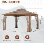 COOS BAY 10x12 Outdoor Patio Gazebo with Netting, Two-Tier Soft Top Canopy for Backyard, Lawn, Deck and Garden, Brown