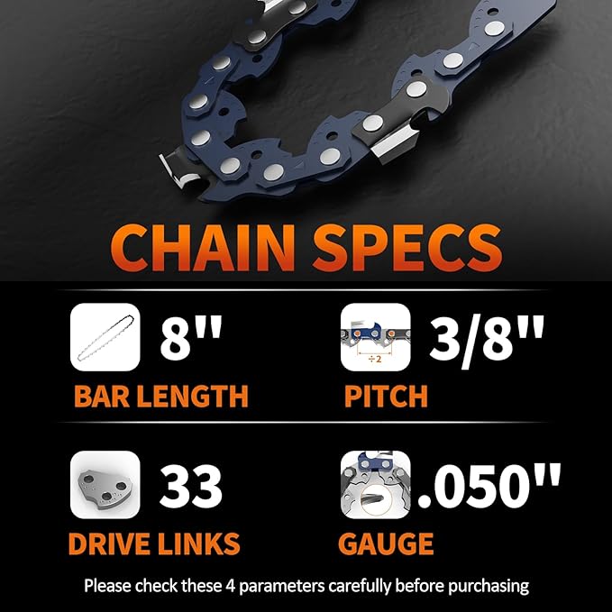 3Pcs 8 Inch Mini Chainsaw Chain, 3/8" LP Pitch .050" Gauge 33 Drive Links, Replacement Chains for Portable Mini Chainsaw, Guide Saw Chain for Chainsaws (8"-33DL-3/8"LP .050"-3pcs)