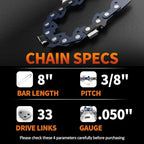 3Pcs 8 Inch Mini Chainsaw Chain, 3/8" LP Pitch .050" Gauge 33 Drive Links, Replacement Chains for Portable Mini Chainsaw, Guide Saw Chain for Chainsaws (8"-33DL-3/8"LP .050"-3pcs)