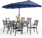PHI VILLA 7 Piece Patio Dining Set with Umbrella, 60” Rectangular Metal Dining Table & 6 Stackable Metal Chairs & 13ft Large Navy Umbrella for Outdoor, Deck, Yard, Porch