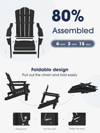KINGYES Folding Adirondack Chair Set of 6, HDPE All-Weather Patio Chairs, Wooden Textured Lawn Chair for Poolside, Backyard, Deck, Fire Pit, Black