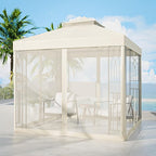 COOS BAY 8x8 Outdoor Patio Gazebo with Netting and Corner Shelves, Two-Tier Soft Top Canopy for Backyard, Lawn, Deck and Garden, Beige