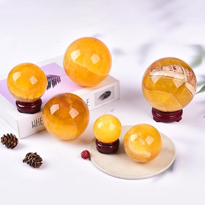 JIC Gem Natural Yellow Fluorite Crystal Sphere Crystal Decorative Ball with Wooden Stand Meditation Balls for Witchcraft Reiki Gift 50-60mm
