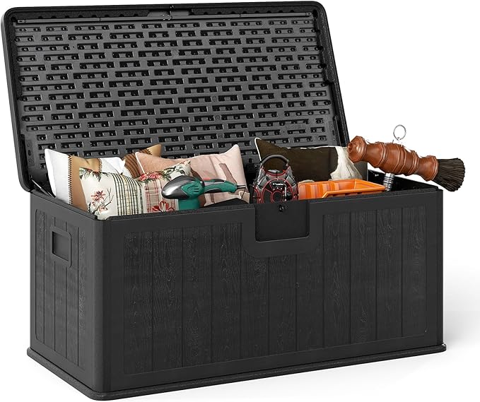 HAPPYGRILL Outdoor Storage Deck Box with Lockable Design & Gas Strut, Handle, 100 Gallon HDPE Patio Storage Organizer for Lawn Backyard Poolside (Black)