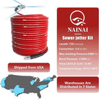 NaiNai 150FT Sewer Jetter Kit for Pressure Washer,1/4 Inch NPT Sewer Jetting Hose,Pressure Washer Drain Cleaner Hose 5800PSI with Sewer Jetter Nozzles, Gloves, Waterproof Tape, Apron (150FT)
