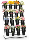 Flower Display Stand with Buckets, 4 Layers 16 PCS Buckets Plant Stand with Wheels, Movable Metal Plant Stand for Terrace Garden, Living Room, Florist Shop (Black Frame - Black Buckets, 4-Tier)