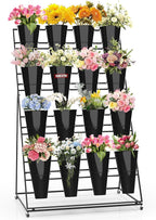 Flower Display Stand with Buckets, 4 Layers 16 PCS Buckets Plant Stand with Wheels, Movable Metal Plant Stand for Terrace Garden, Living Room, Florist Shop (Black Frame - Black Buckets, 4-Tier)