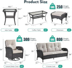 7 Piece Patio Furniture Set - Wicker Patio Conversation Set with Swivel Glider, 3 Seat Sofa, 2 Ottomans, Glass Side Table and Coffee Table for Deck Backyard - Black Wicker Beige Cushion