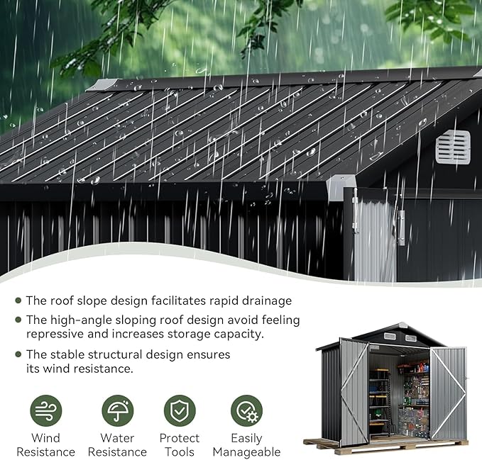 Aoxun 6.2x4 FT Shed Outdoor Galvanized Storage Shed with Large Lockable Doors for Lawn, Backyard, Patio (Black)
