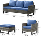 Rilyson Wicker Outdoor Patio Furniture Set - 5 Piece Patio Conversation Set with 2 Wicker Armrest Chairs,2 Rattan Ottoman and 1 Couch for Outside Porch Deck Backyard Garden(Mixed Grey/Blue)