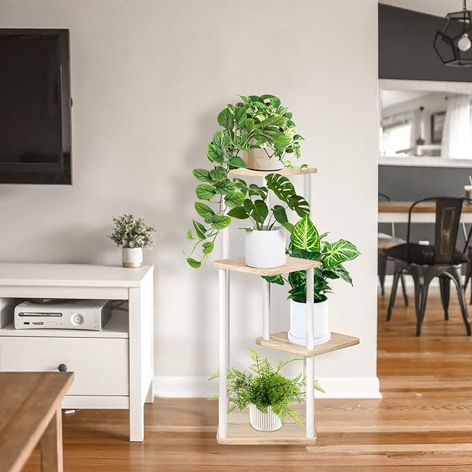 4 Tier Indoor Plant Stand Flower Shelf for Multiple Plants Corner, Tall Flower Holders for Patio Garden Living Room Balcony Bedroom(White Oak)