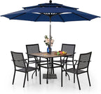 PHI VILLA 5 Pieces Patio Dining Set for 4 with 10ft Patio Umbrella, Metal Outdoor Stackable Wrought Iron Chair Set of 4 & 37" Metal Wood-Like Dining Table,3 Tier Vented Market Table Beige Umbrella