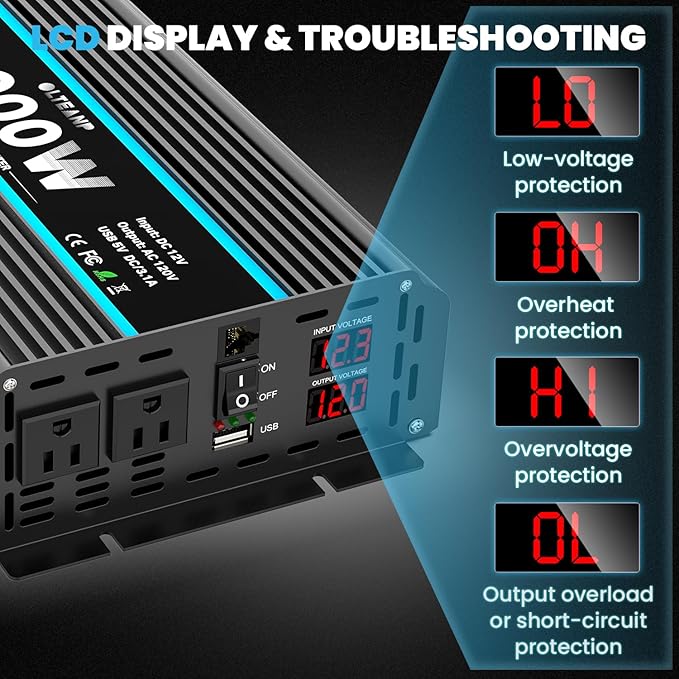 2000 Watts Pure Sine Wave Inverter 12V DC to 110/120V AC Power Inverter with 2 AC Outlets, 3.1A USB Port, LCD Display, Remote Controller, Car Power Converter for Truck, Home, Vehicles, Boat