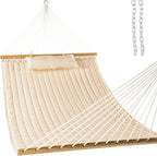 Lazy Daze Hammocks 12FT Quilted Fabric Double Hammock with Spreader Bars and Detachable Pillow, 2 Person Hammock for Outdoor Outside Patio Garden Yard Pool Beach (Linen)