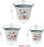 Set of 3 Vintage Floral Butterfly Metal Planter Pots, Decorative Flower Buckets with Handles, Rustic Farmhouse Plant Containers for Indoor Outdoor Gardening, Succulents, Herbs, Home Decor
