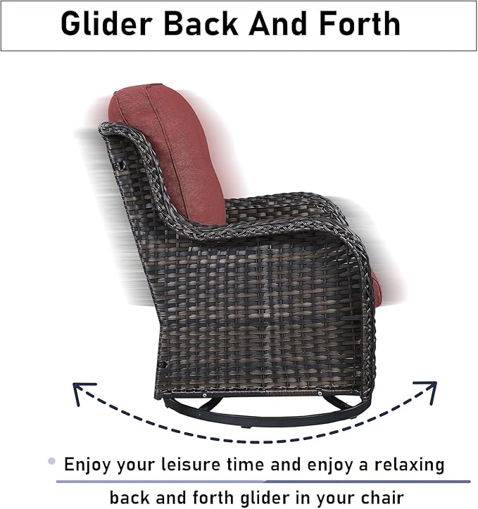 7 Pieces Patio Furniture Set with Fire Pit Table, Wicker Rattan Outdoor Furniture Set with Swivel Rocker Chairs for Yard, Deck, Garden, Brown/Red