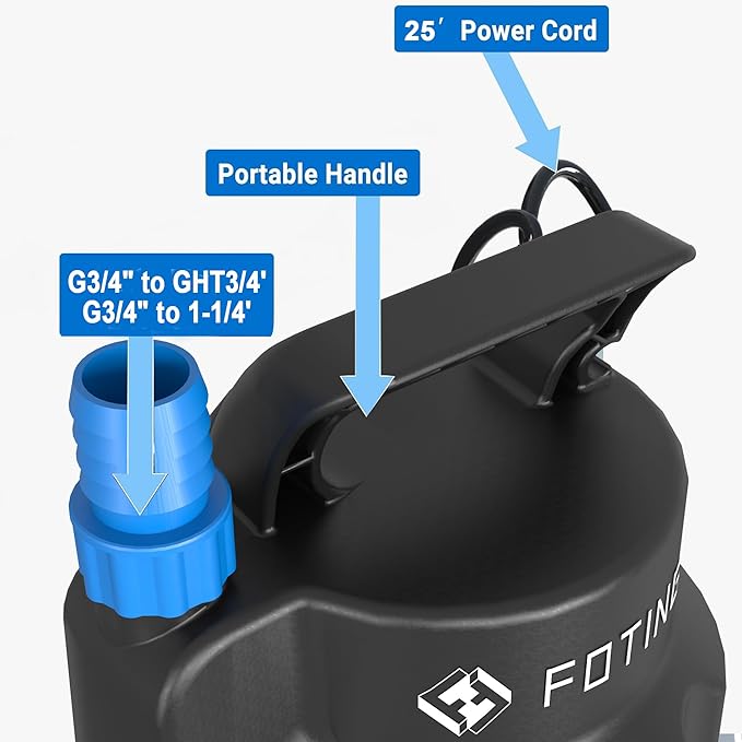 Submersible Water Pump 1/2HP Electric Utility Pump, 1860GPH Sump Pump Submersible Thermoplastic for Swimming Pool Garden Pond Basement Draining with 25ft Long Power Cord