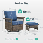 Outdoor Swivel Glider Chairs - 4 Pieces Hollow Widen Armrests Wicker Patio Furniture Set with Ottomans, High Back Outside Swivel Rocker for Balcony Porch Deck and Yard - Brown/Blue