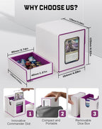 ZLCA MTG Commander Deck Box with Display Window, Card Deck Box Holds 100 Double-Sleeved Cards with Dice Tray & 35pt Magnetic Card Holder(White& Purple)