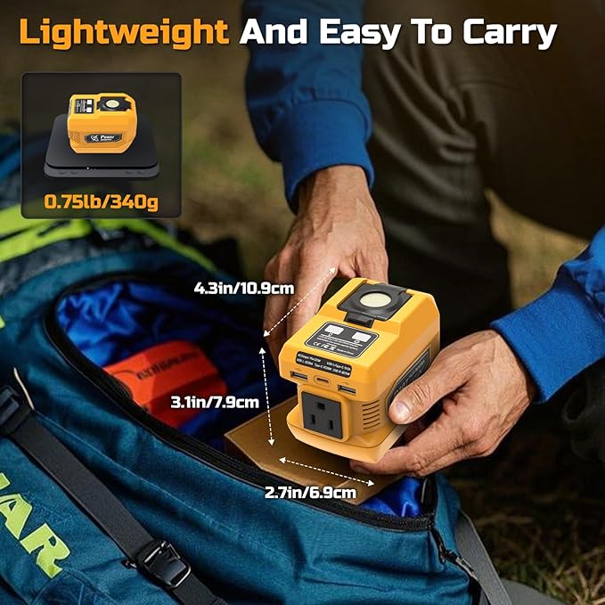 220W Power Inverter for Dewalt 20V Battery, DC 20V to AC 110V Battery Inverter, Portable Power Station Generator with 1 AC Outlet, 2 USB Ports & 1 Type-C Fast Charging, 400LM LED Work Light
