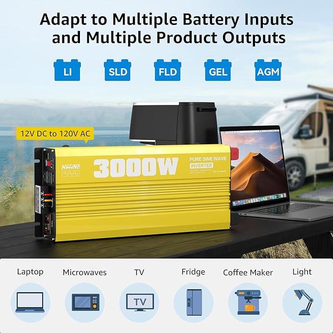 XWJNE 3000W Pure Sine Wave Power Inverter 12V DC to 120V AC Converter with LED Display and Remote Controller for Home, RV, Truck, Off-Grid Solar Power