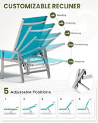 Patio Chaise Lounge Chair Outdoor with Wheels&Armrests, Aluminum Pool Lounge Chairs 5-Position Adjustable Recliner, Outdoor Beach Lounge Chairs for Poolside, Patio, Deck, Yard, Lake Blue
