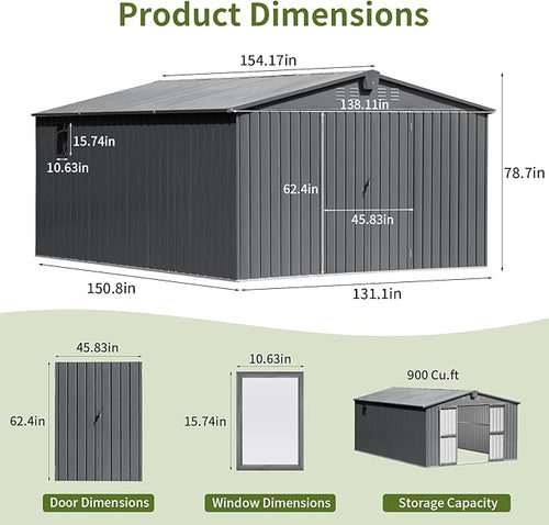 10x12 Ft Large Outdoor Storage Shed, Dark Grey Metal Garden Outdoor Storage Workshop Shed with Lockable Doors, Windows, Air Vents, Waterproof for Backyard, Mower Storage, Backyard, Lawn, Patio