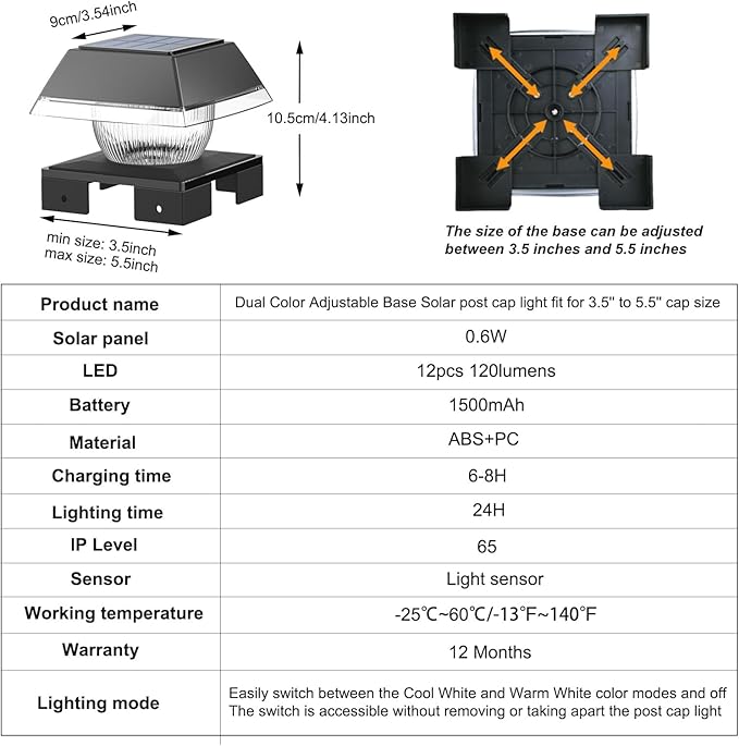 INDARUN 4x4 Solar Post Cap Lights Outdoor Waterproof, Fence Deck Post Solar Lights for 4x4 5x5 6x6 Wooden Posts/4x4 Vinyl Posts, 120Lumen Cool/Warm White, for Porch, Patio, Backyard, Stair(2 Pack)