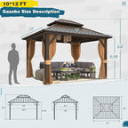 MELLCOM 10'x12' Hardtop Gazebo, Metal Double Roof Aluminum Gazebos with Curtain and Netting,Brown Permanent Galvanized Steel Pavilion for Patio, Lawn & Deck
