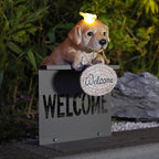 Garden Dog Statues with Solar Bird, Solar Labrador Puppy Statue with Welcome Fence Base Outdoor Sculptures Garden Decorations for Patio, Lawn, Yard, Housewarming Gifts for Mom Women Grandma