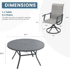 DIFY 7 Pieces Outdoor Patio Dining Set, 6 Grey Textilene Swivel Dining Chairs and 53.1" Grey Round Metal Dining Table, Outdoor Table and Chairs