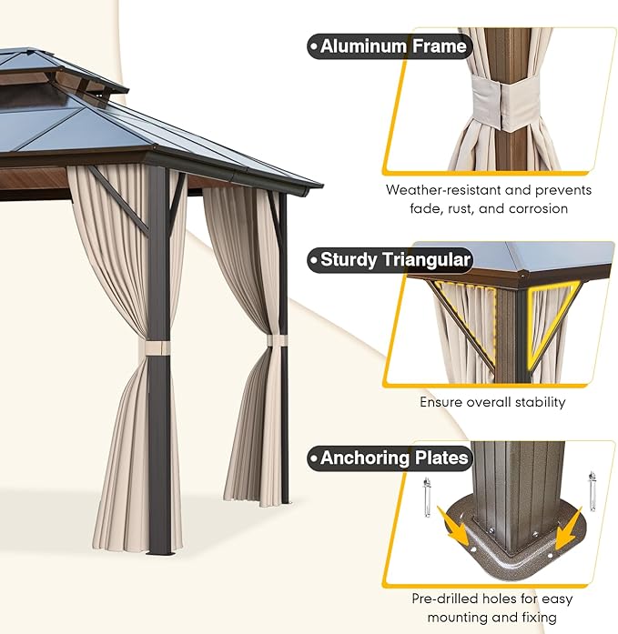 MELLCOM 12x16ft Outdoor Polycarbonate Double Hardtop Roof Gazebo, Aluminum Furniture Gazebo Canopy with Netting and Curtains for Garden, Patio, Lawns, Party and Deck