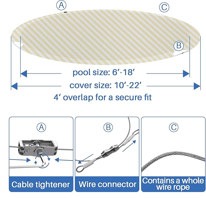 ECOOPTS 9 ft Round Pool Cover for Above Ground Pools, Swimming Pool Cover Protector Winter Safety Cover (Beige White Stripes)