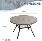 DIFY 47.2" Round Outdoor Patio Dining Table for 6, All-Weather Metal Steel Slatted Patio Table with 1.57" Adjustable Umbrella Hole, for Lawn Garden Porch Backyard, Grey Wood-Like