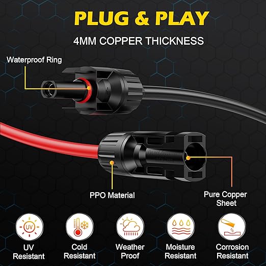 6Ft Solar Cable Solar ExtensionCable,10AWG Solar Panel Extension Cable with Female and Male Connectors,Waterproof SolarExtension Cable Kit (Red and Black).